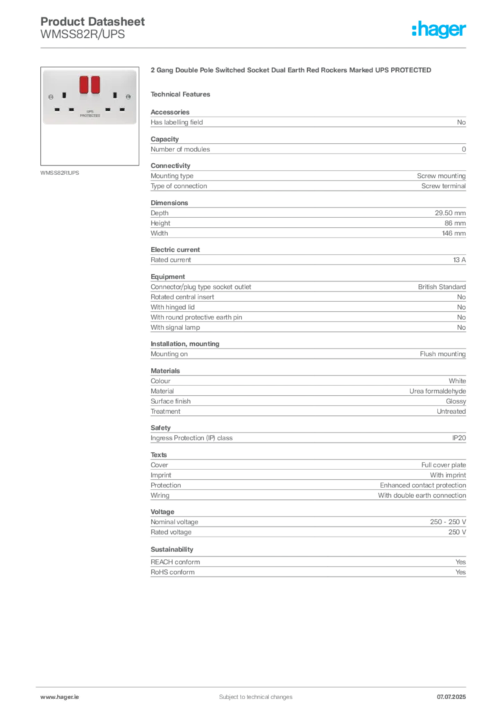 Image Hager Product data sheet WMSS82R/UPS  | Hager