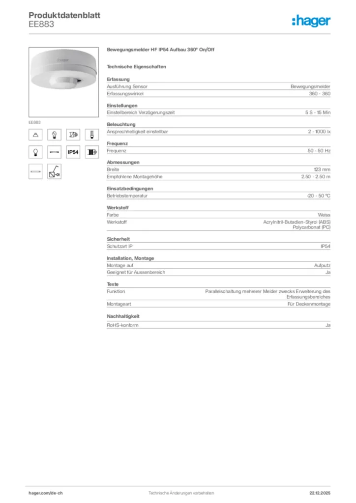Bild Hager Produktdatenblatt EE883 | Hager Schweiz