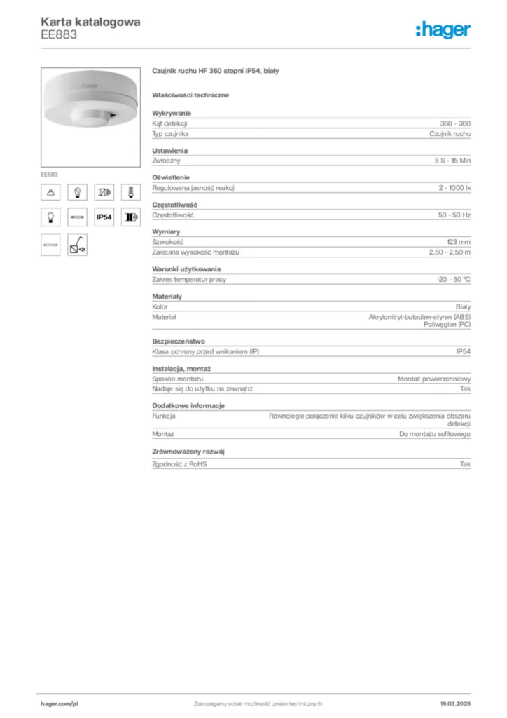Zdjęcie Hager Karta katalogowa EE883 | Hager Polska