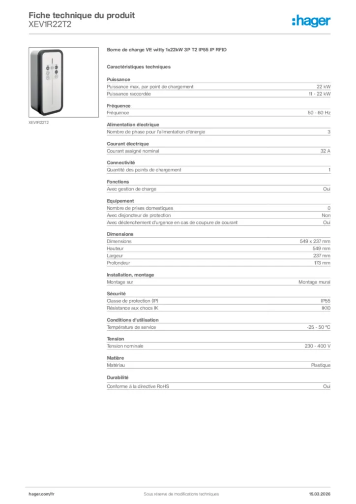 Image Hager Fiche technique du produit XEV1R22T2 | Hager France