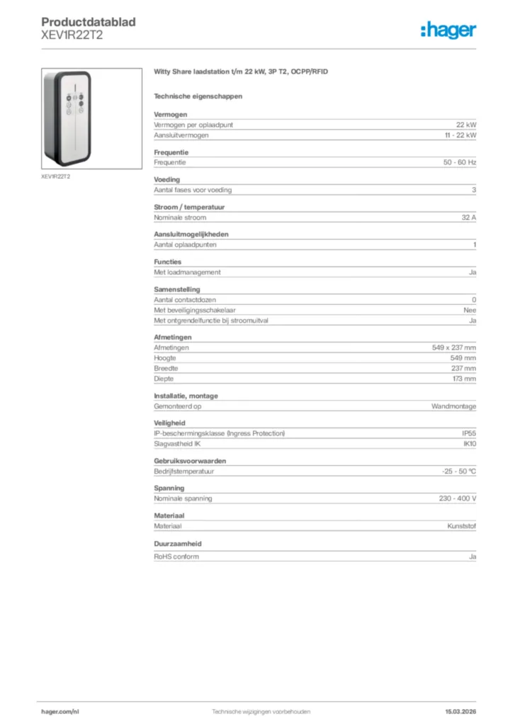 Afbeelding Hager Productdatablad XEV1R22T2 | Hager Nederland