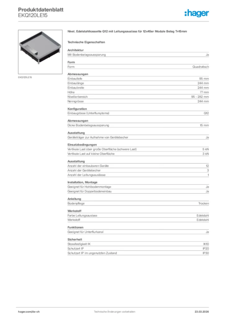 Bild Hager Produktdatenblatt EKQ120LE15 | Hager Schweiz