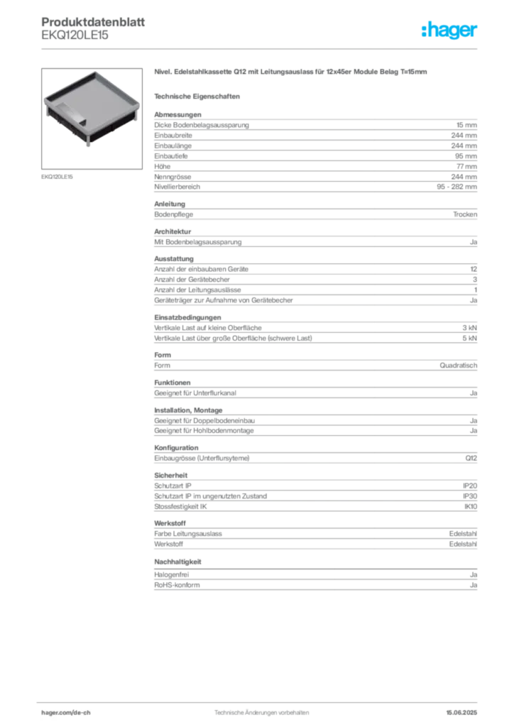 Bild Hager Produktdatenblatt EKQ120LE15 | Hager Schweiz
