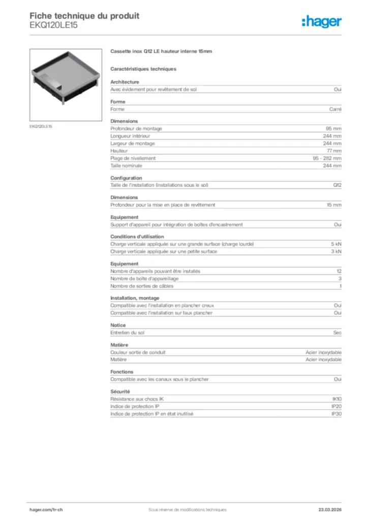Image Hager Fiche technique du produit EKQ120LE15 | Hager Suisse