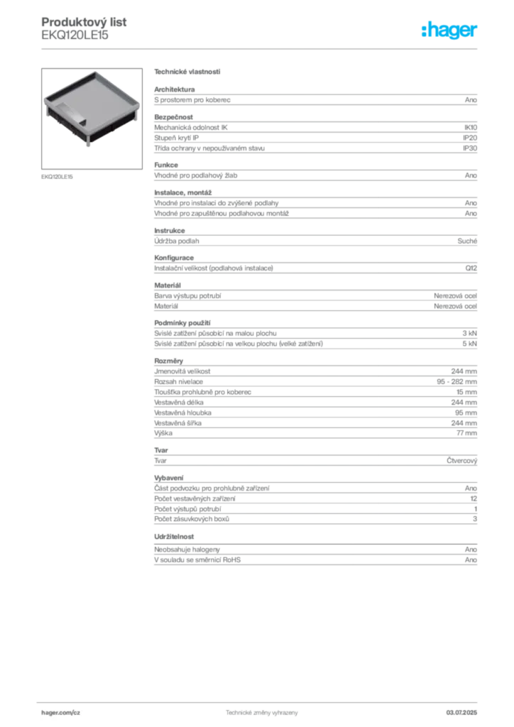 Obrázek Hager Produktový list EKQ120LE15 | Hager