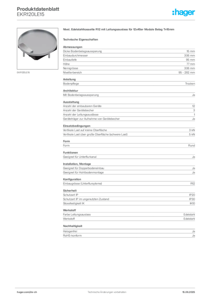 Bild Hager Produktdatenblatt EKR120LE15 | Hager Schweiz