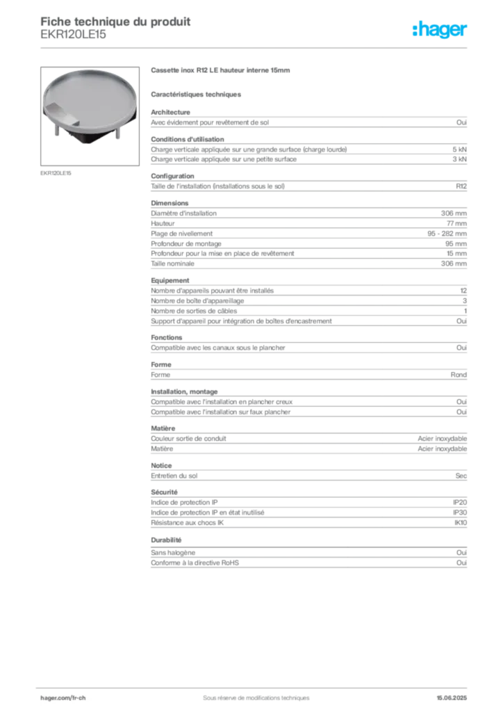 Image Hager Fiche technique du produit EKR120LE15 | Hager Suisse