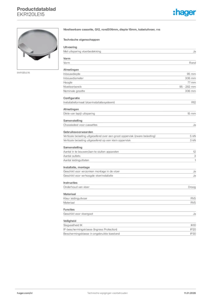 Afbeelding Hager Productdatablad EKR120LE15 | Hager Nederland