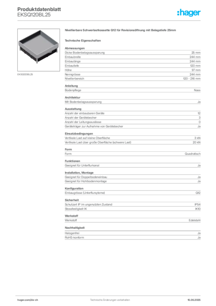 Bild Hager Produktdatenblatt EKSQ120BL25 | Hager Schweiz