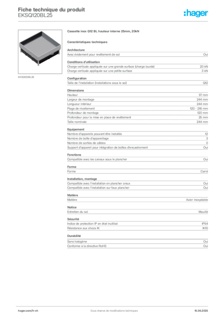 Image Hager Fiche technique du produit EKSQ120BL25 | Hager Suisse