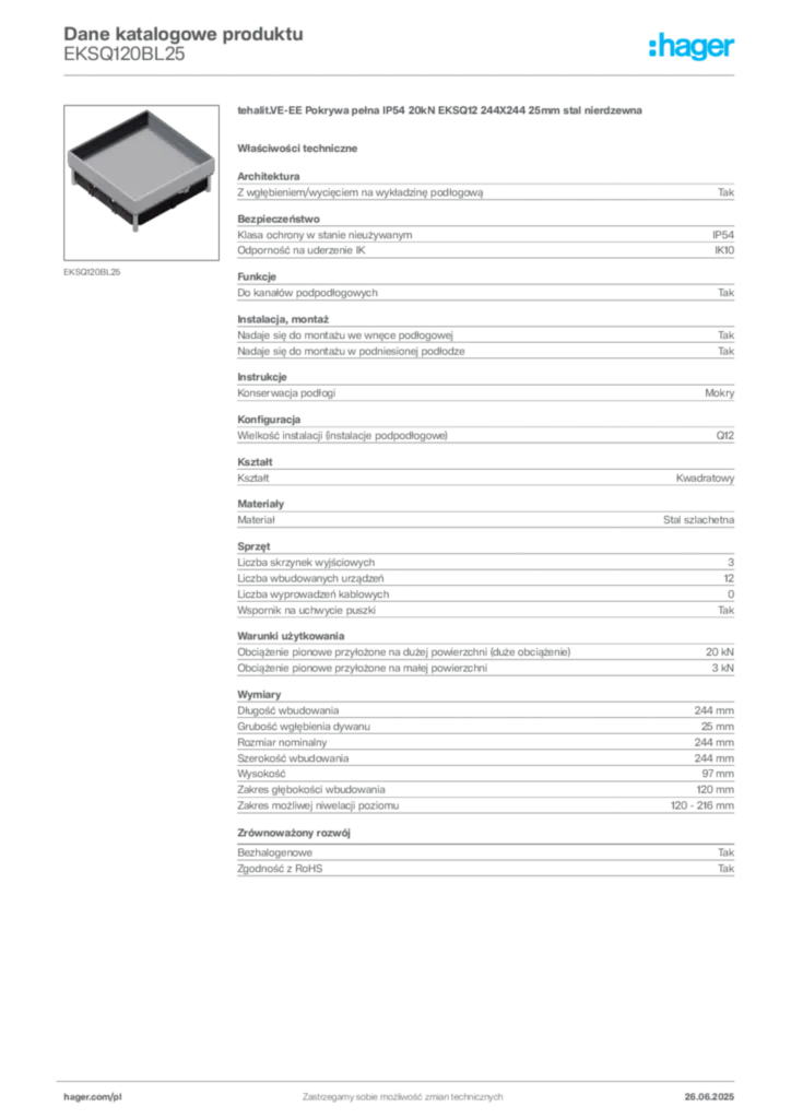 Zdjęcie Hager Dane katalogowe produktu EKSQ120BL25 | Hager Polska