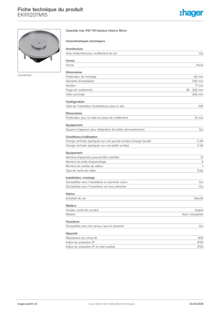 Image Hager Fiche technique du produit EKR120TM15 | Hager Suisse