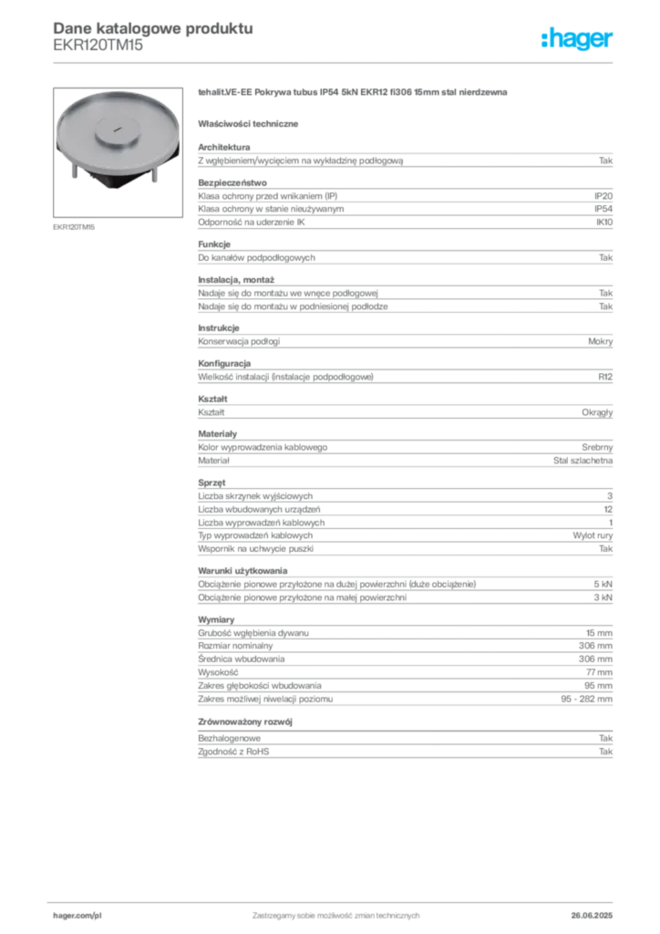 Zdjęcie Hager Dane katalogowe produktu EKR120TM15 | Hager Polska