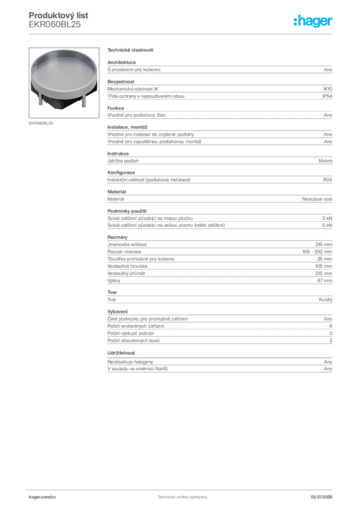 Obrázek Hager Produktový list EKR060BL25 | Hager