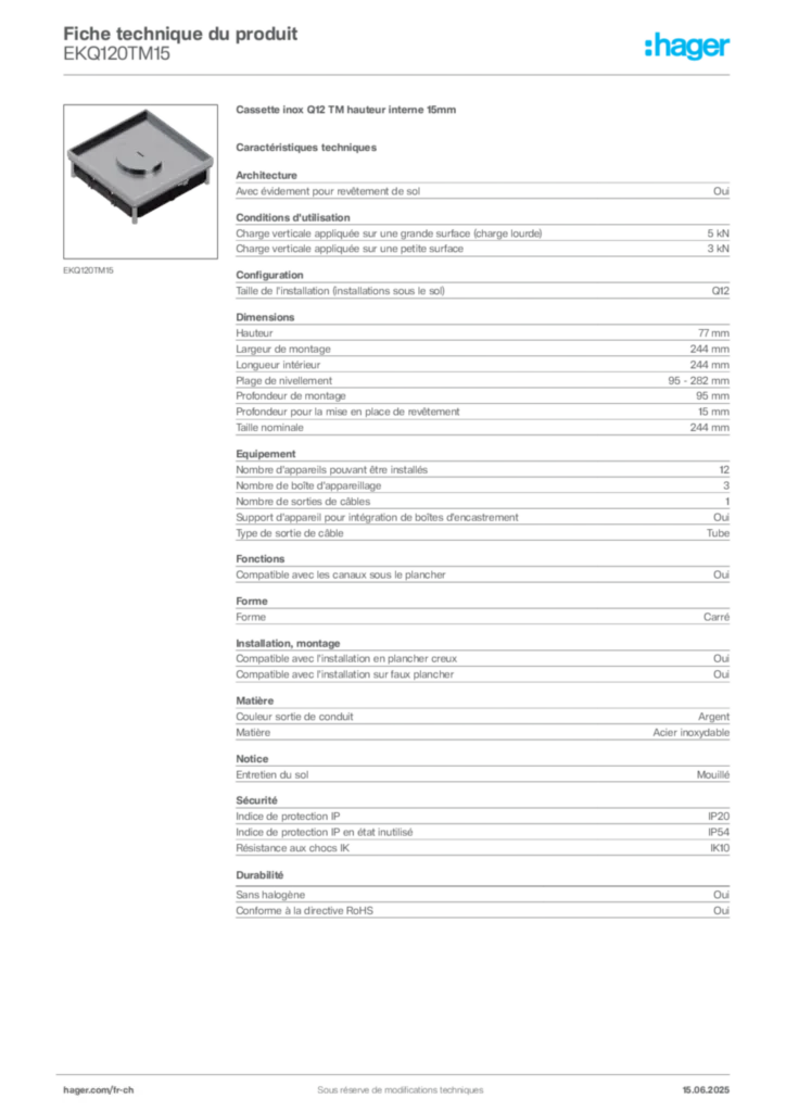 Image Hager Fiche technique du produit EKQ120TM15 | Hager Suisse