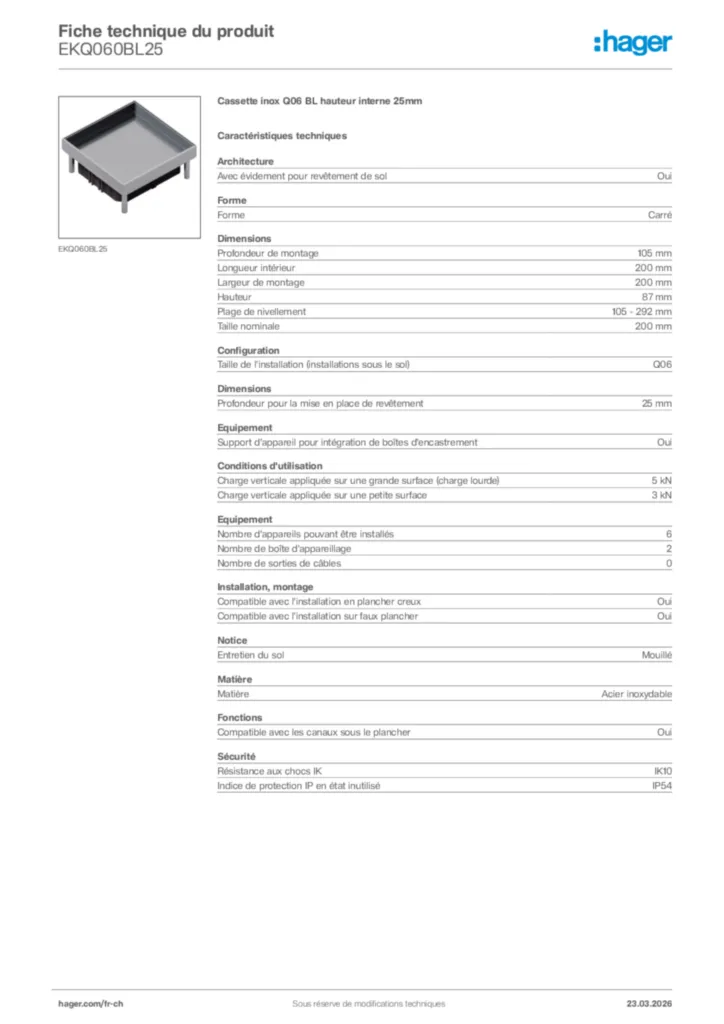 Image Hager Fiche technique du produit EKQ060BL25 | Hager Suisse