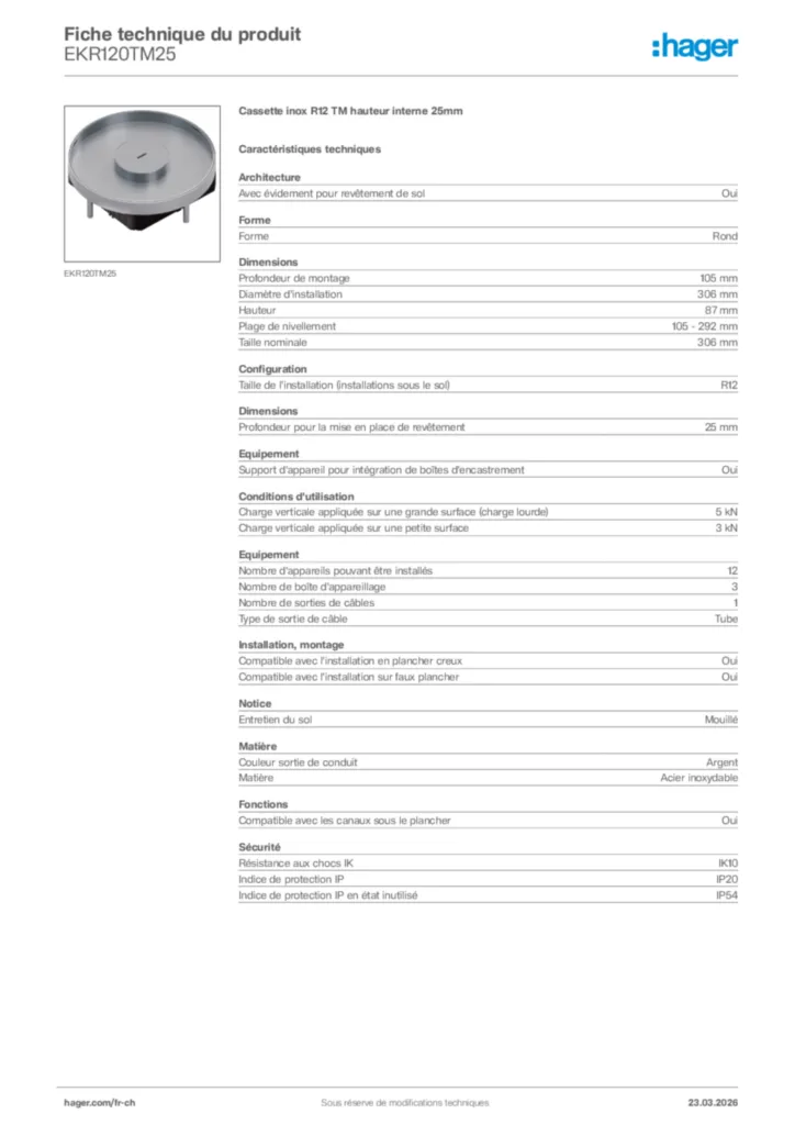 Image Hager Fiche technique du produit EKR120TM25 | Hager Suisse