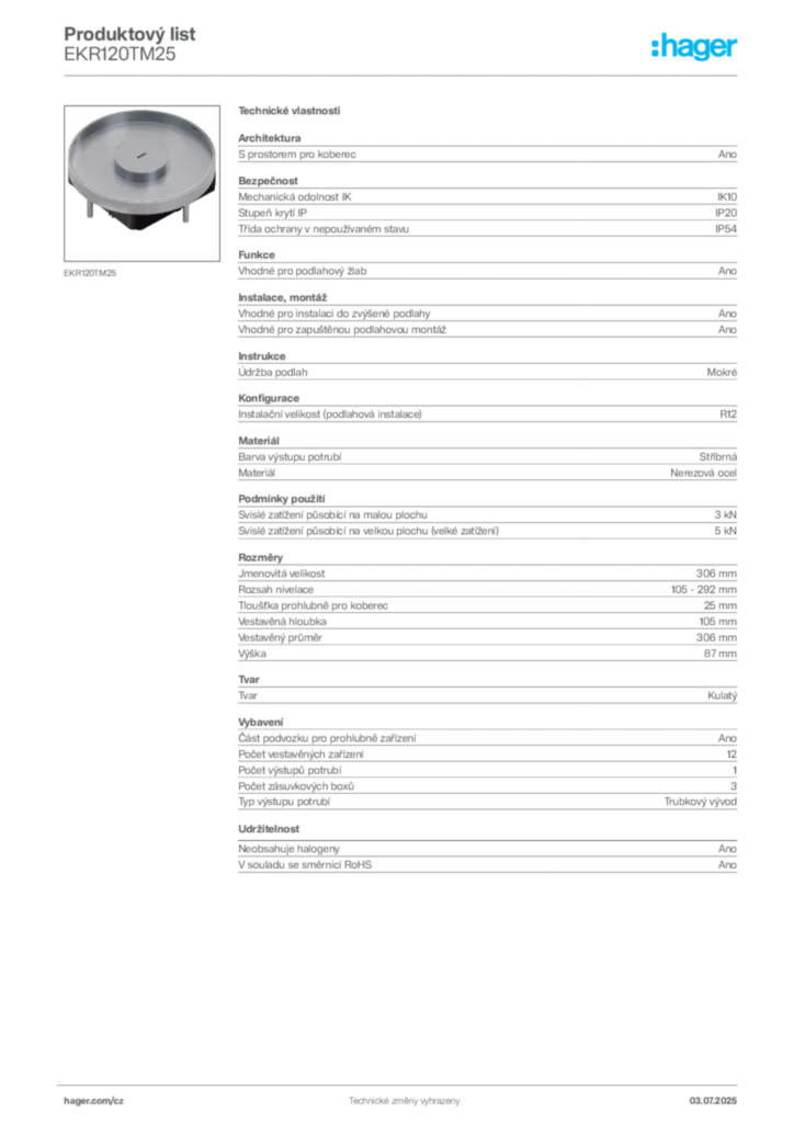 Obrázek Hager Produktový list EKR120TM25 | Hager