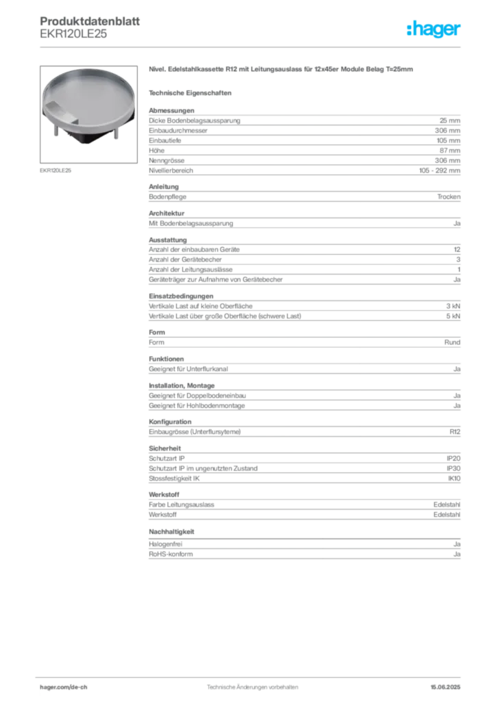 Bild Hager Produktdatenblatt EKR120LE25 | Hager Schweiz