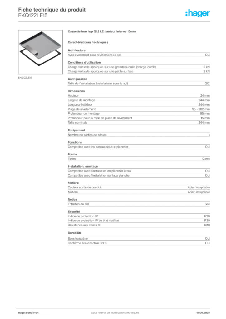 Image Hager Fiche technique du produit EKQ122LE15 | Hager Suisse