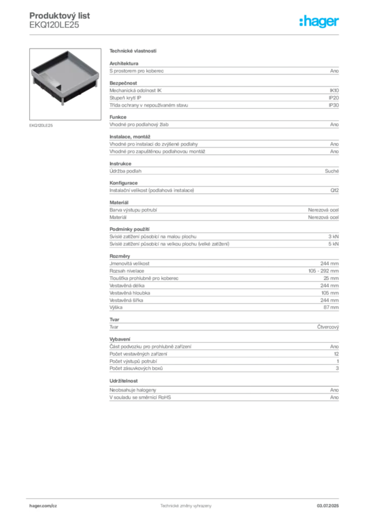 Obrázek Hager Produktový list EKQ120LE25 | Hager