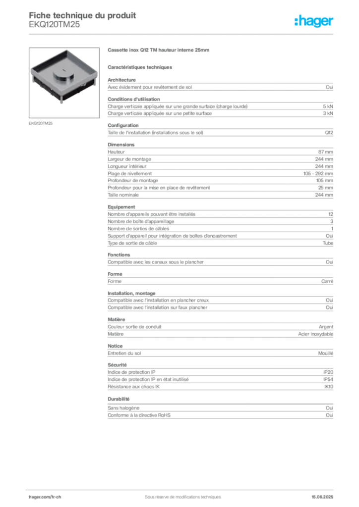 Image Hager Fiche technique du produit EKQ120TM25 | Hager Suisse