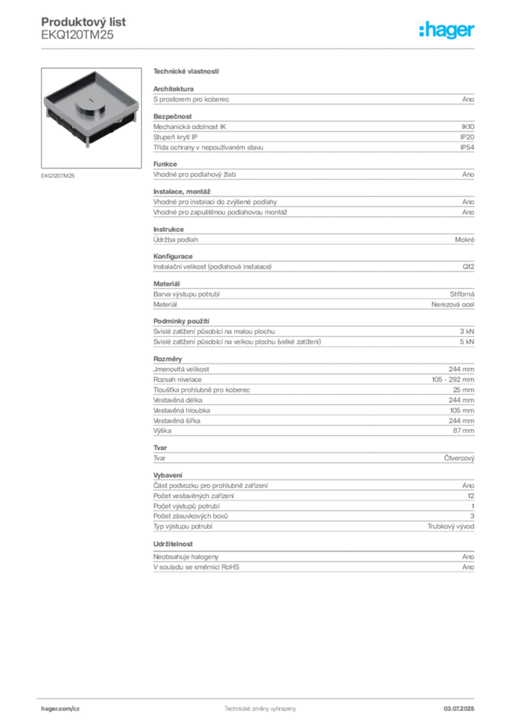 Obrázek Hager Produktový list EKQ120TM25 | Hager