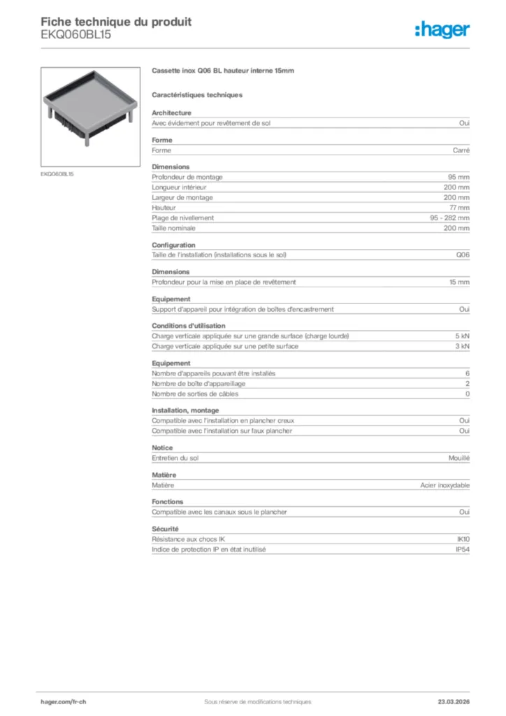 Image Hager Fiche technique du produit EKQ060BL15 | Hager Suisse