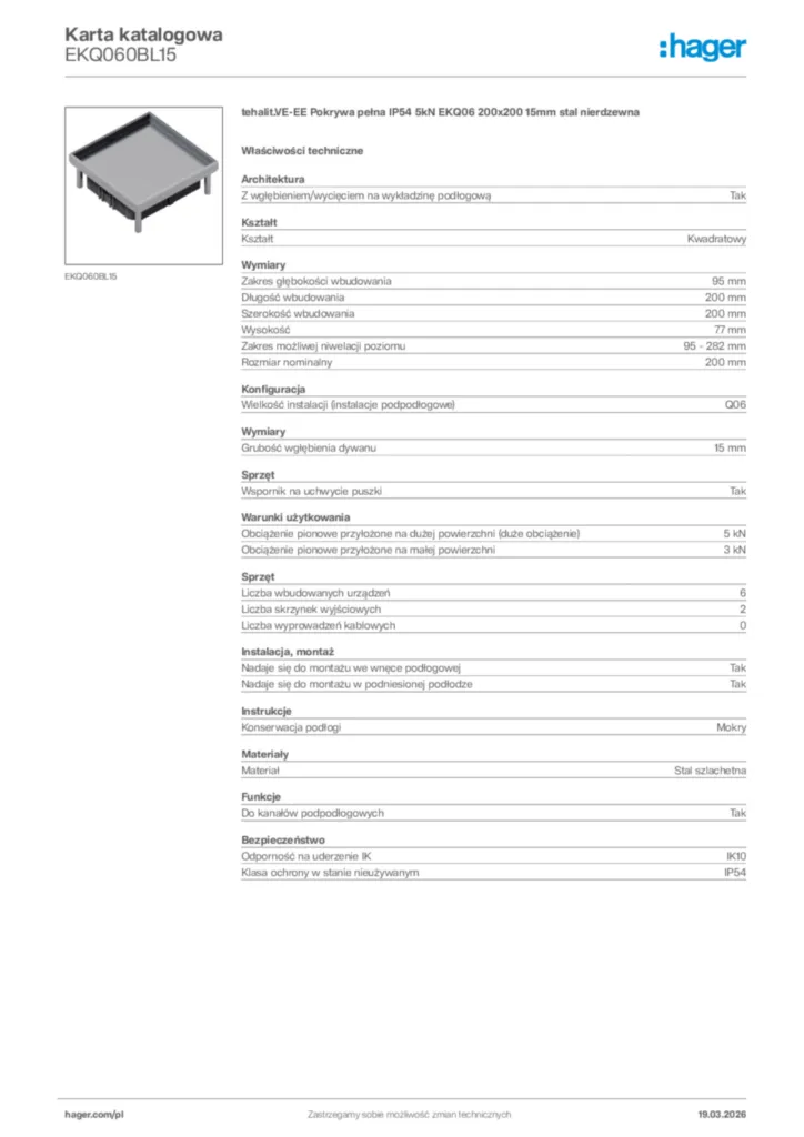 Zdjęcie Hager Karta katalogowa EKQ060BL15 | Hager Polska