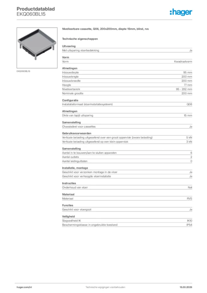 Afbeelding Hager Productdatablad EKQ060BL15 | Hager Nederland