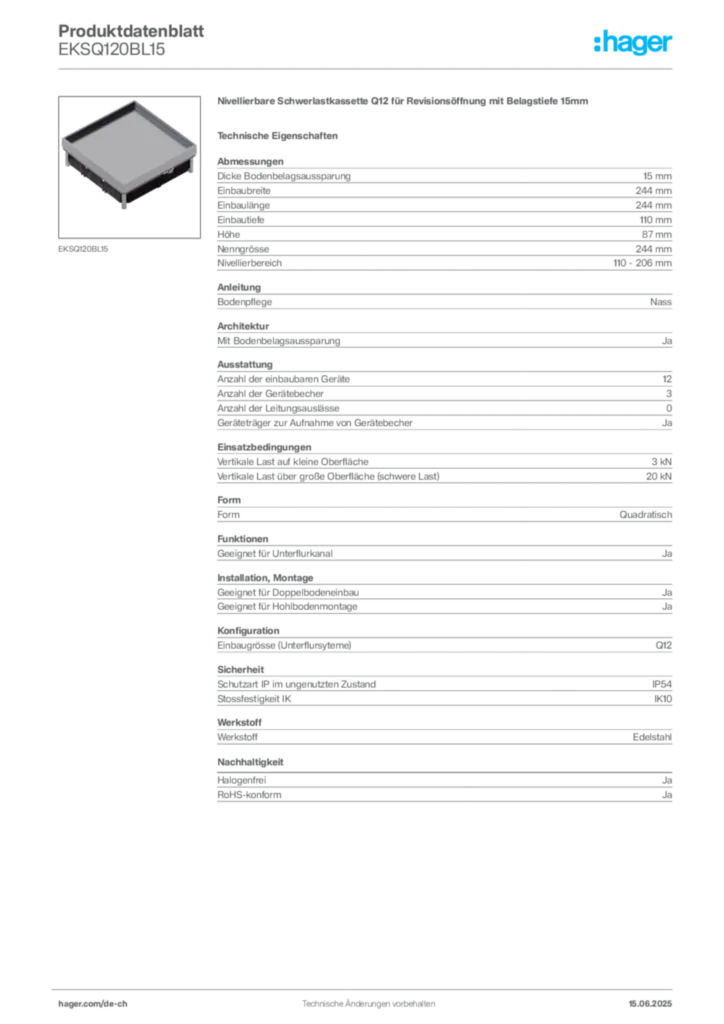 Bild Hager Produktdatenblatt EKSQ120BL15 | Hager Schweiz
