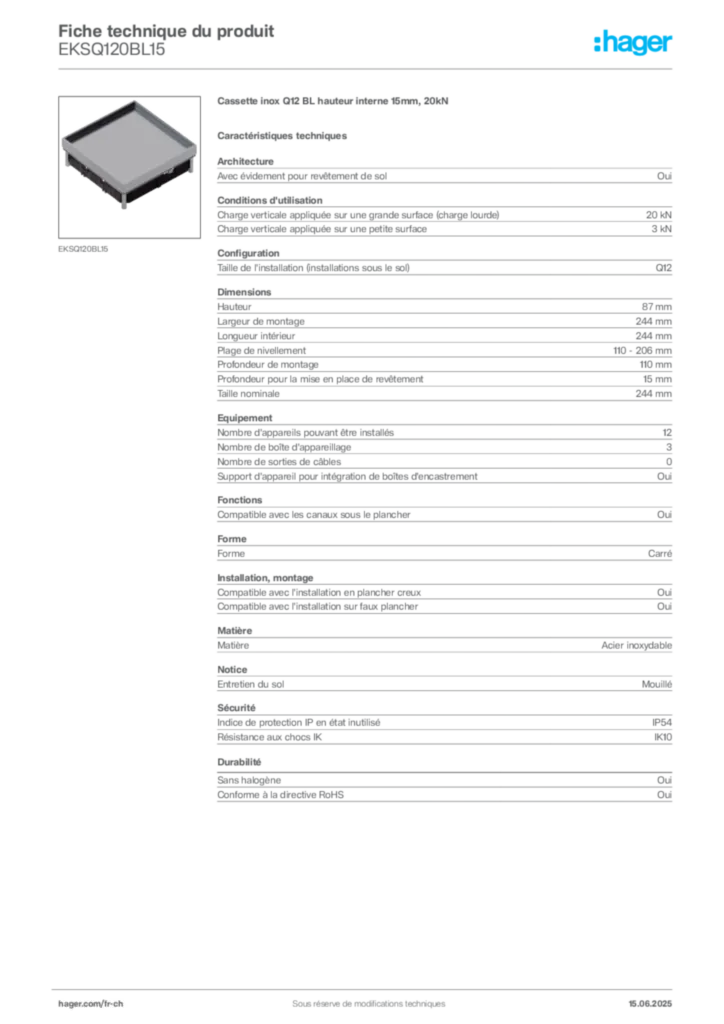 Image Hager Fiche technique du produit EKSQ120BL15 | Hager Suisse