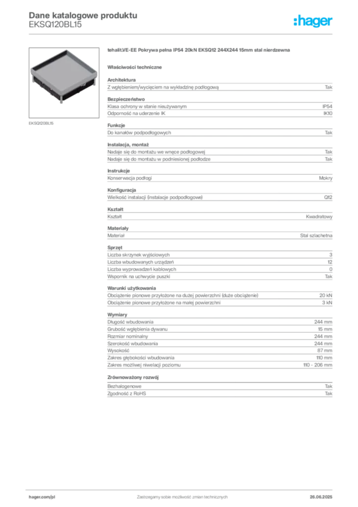 Zdjęcie Hager Dane katalogowe produktu EKSQ120BL15 | Hager Polska