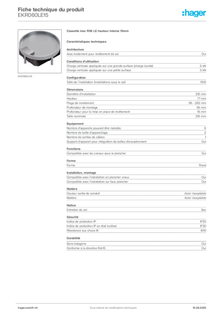Image Hager Fiche technique du produit EKR060LE15 | Hager Suisse