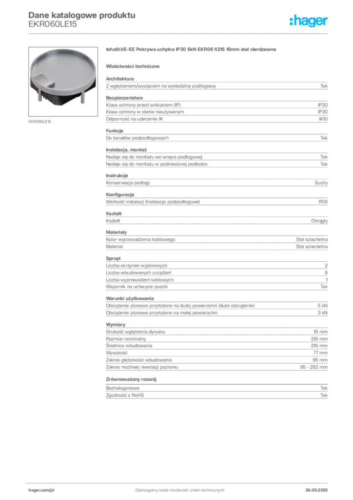 Zdjęcie Hager Dane katalogowe produktu EKR060LE15 | Hager Polska
