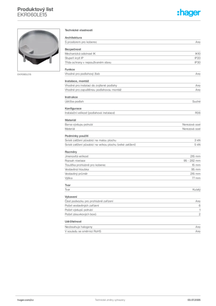 Obrázek Hager Produktový list EKR060LE15 | Hager