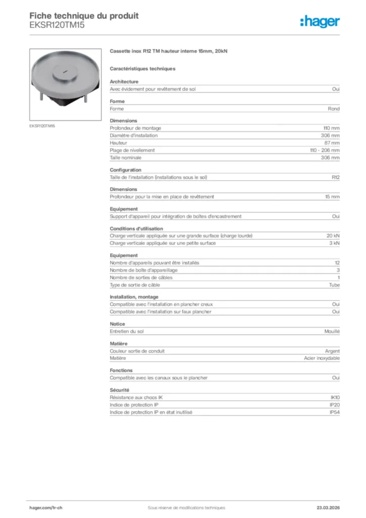 Image Hager Fiche technique du produit EKSR120TM15 | Hager Suisse