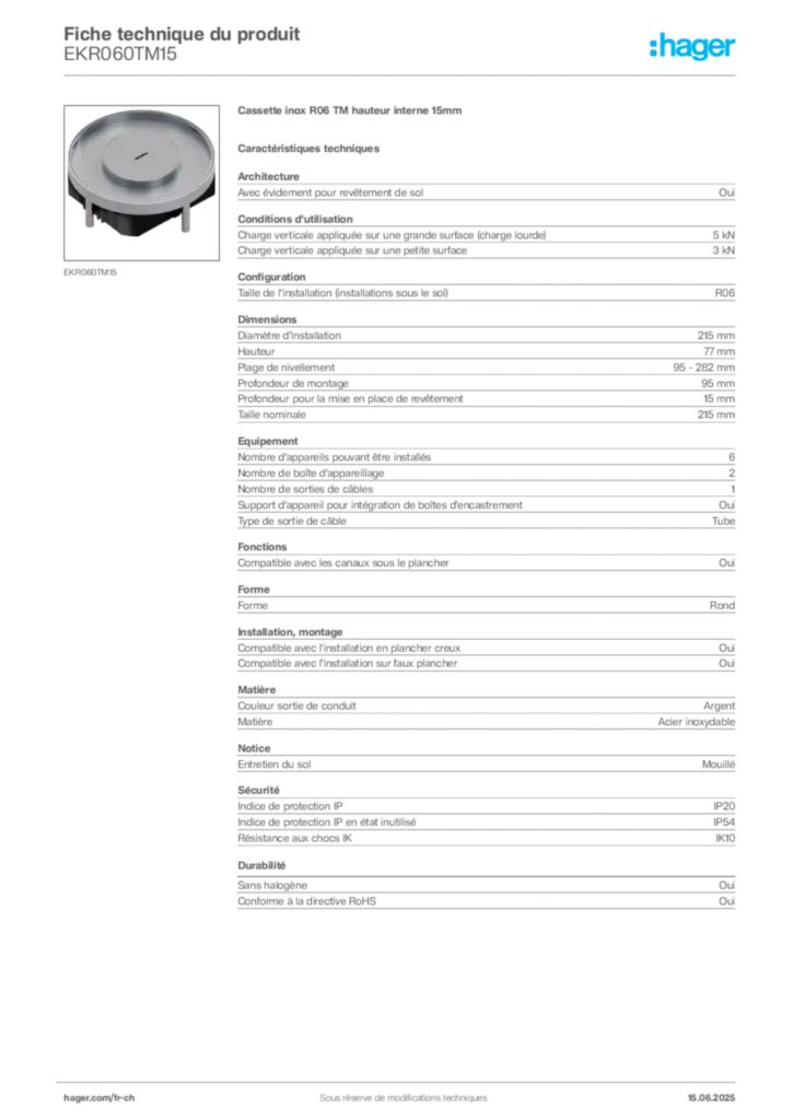 Image Hager Fiche technique du produit EKR060TM15 | Hager Suisse