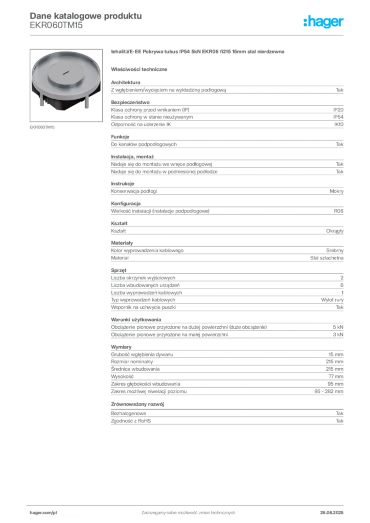 Zdjęcie Hager Dane katalogowe produktu EKR060TM15 | Hager Polska