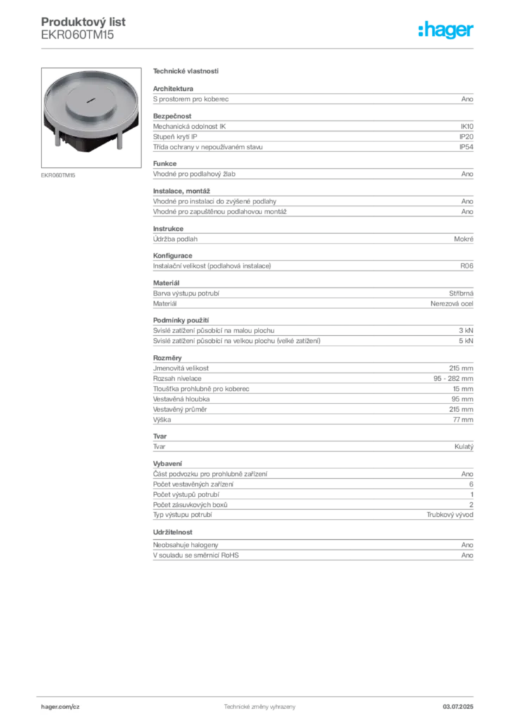 Obrázek Hager Produktový list EKR060TM15 | Hager