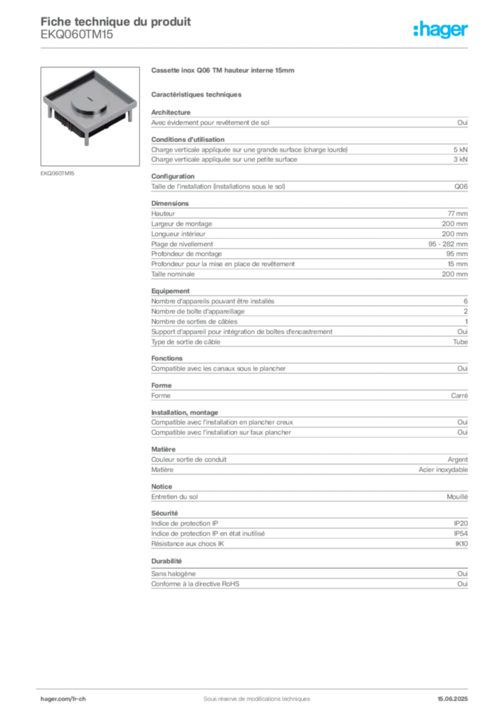 Image Hager Fiche technique du produit EKQ060TM15 | Hager Suisse
