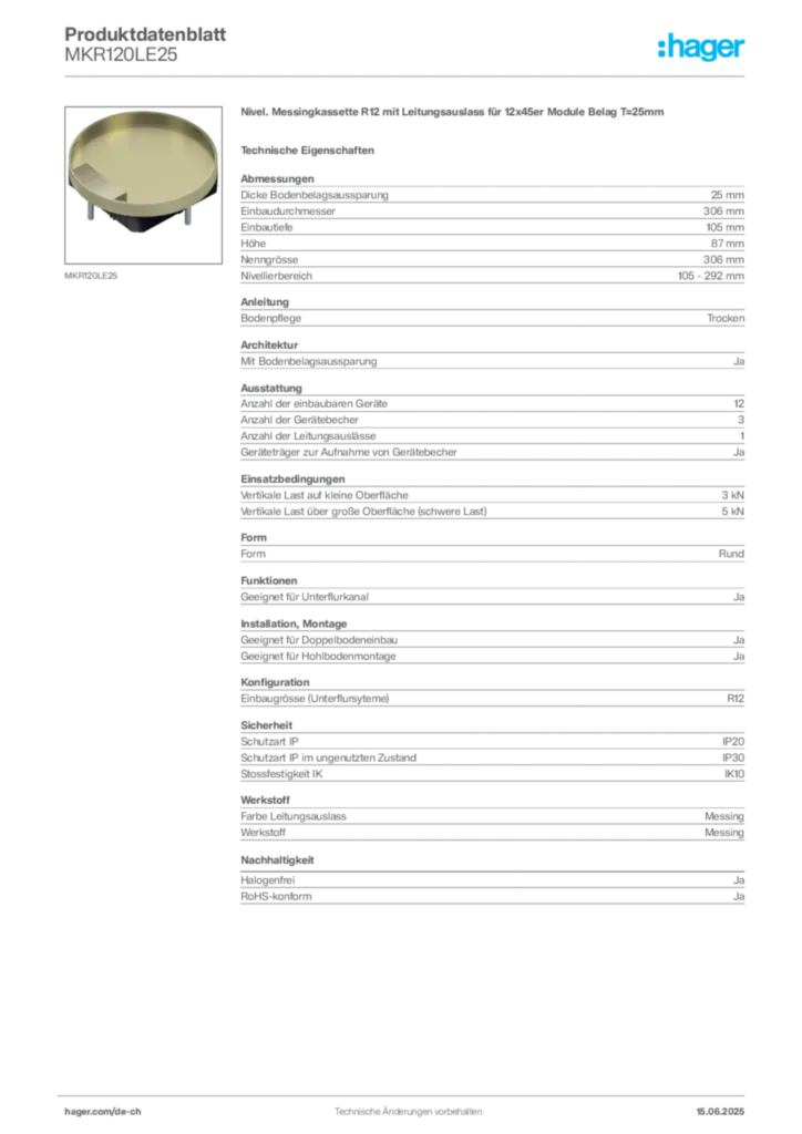 Bild Hager Produktdatenblatt MKR120LE25 | Hager Schweiz