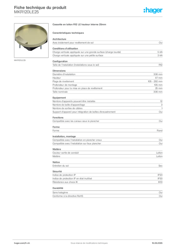 Image Hager Fiche technique du produit MKR120LE25 | Hager Suisse