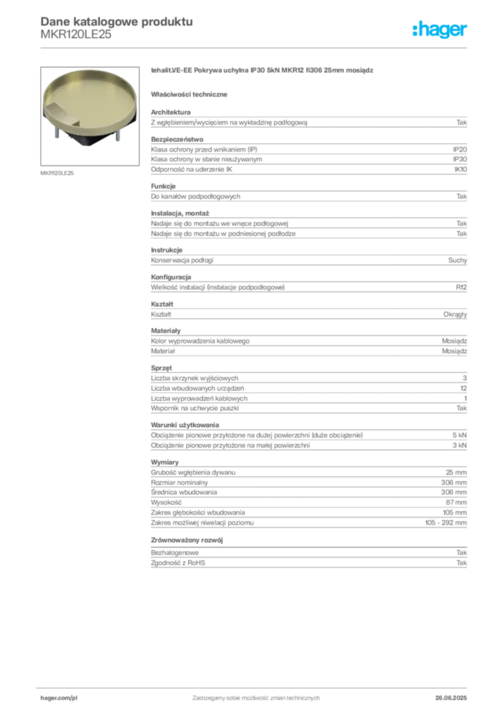 Zdjęcie Hager Dane katalogowe produktu MKR120LE25 | Hager Polska
