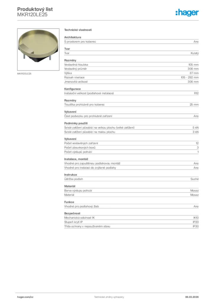 Obrázek Hager Product data sheet MKR120LE25 | Hager