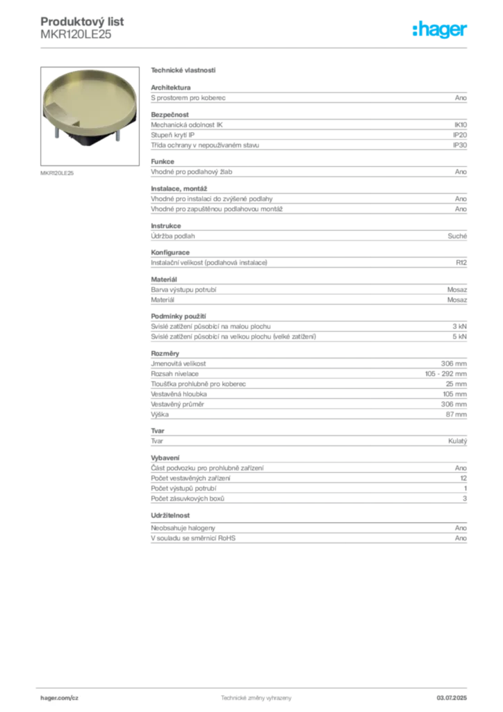 Obrázek Hager Produktový list MKR120LE25 | Hager