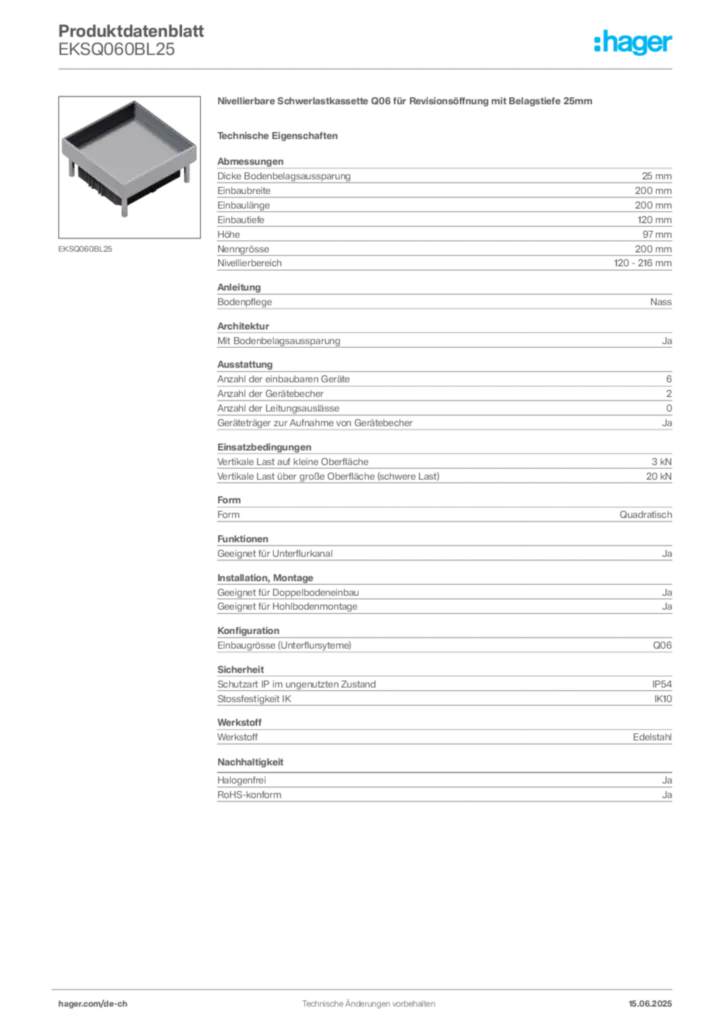 Bild Hager Produktdatenblatt EKSQ060BL25 | Hager Schweiz