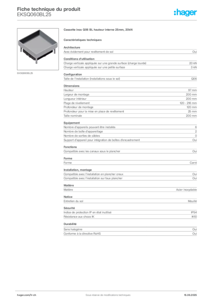 Image Hager Fiche technique du produit EKSQ060BL25 | Hager Suisse