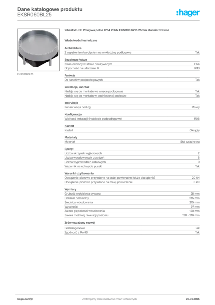 Zdjęcie Hager Dane katalogowe produktu EKSR060BL25 | Hager Polska