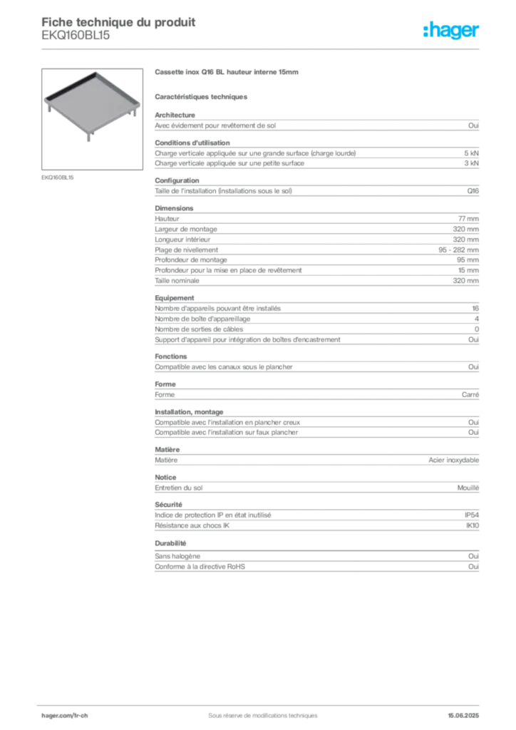 Image Hager Fiche technique du produit EKQ160BL15 | Hager Suisse